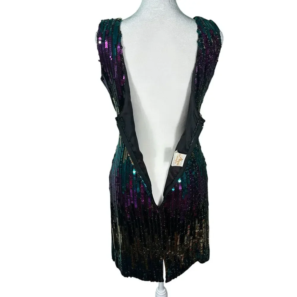 Vintage Alyce 1980s Sequin Mini Party Cocktail Dress Purple Green Gold Sz Med/10